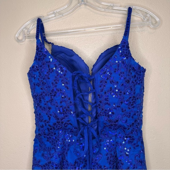 Hebeos Blue Sequined Spaghetti Strap Sweetheart Prom Gown Side Slit Size 2 - Picture 8 of 16